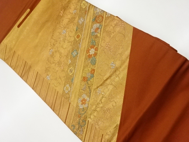 リサイクル　斜め縞に花唐草模様織出し名古屋帯